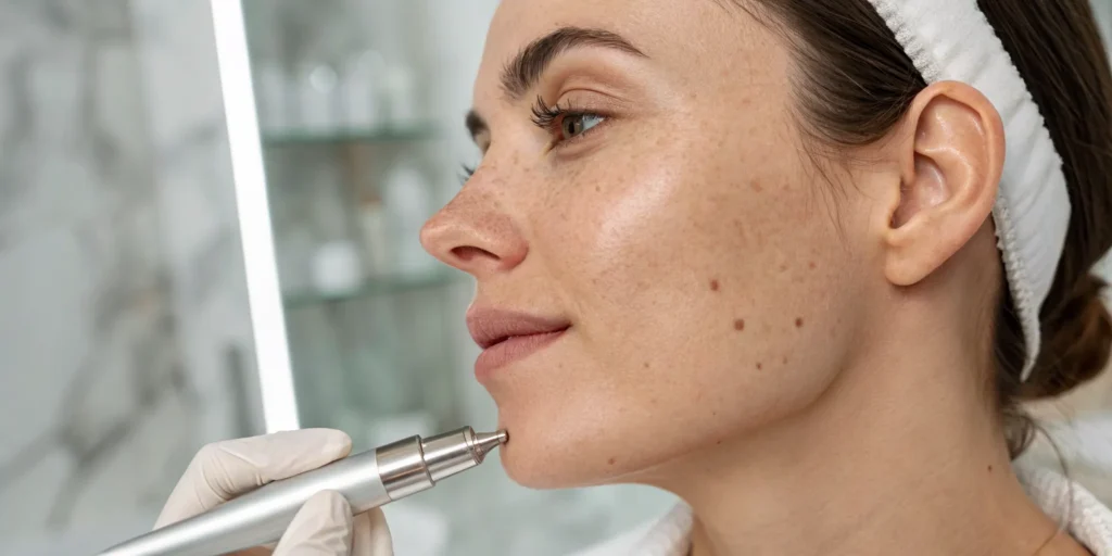 Woman receiving a professional microneedling treatment for skin renewal.