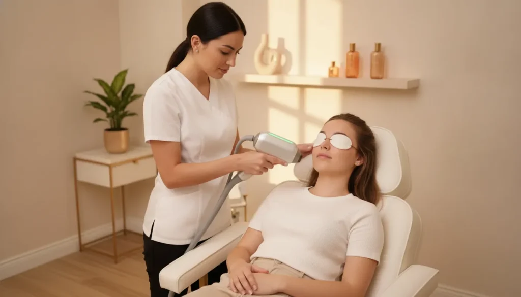 Provider holding a laser handpiece beside a relaxed patient in a warm clinical treatment room at a medical spa