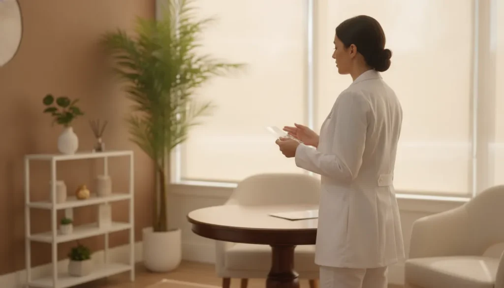 Warm, inviting medical spa treatment room in Orlando with soft golden light and a provider preparing for a consultation