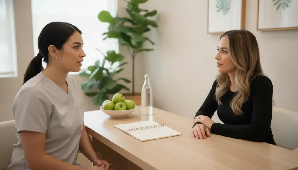 Provider consulting with a patient about semaglutide weight loss in a warm Orlando medical spa