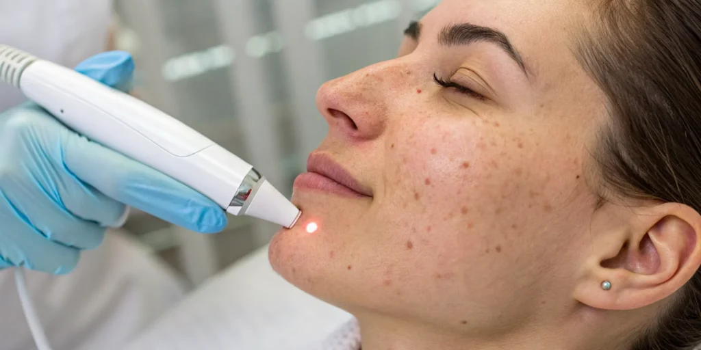 Laser treatment for acne mark removal on a patient's face.