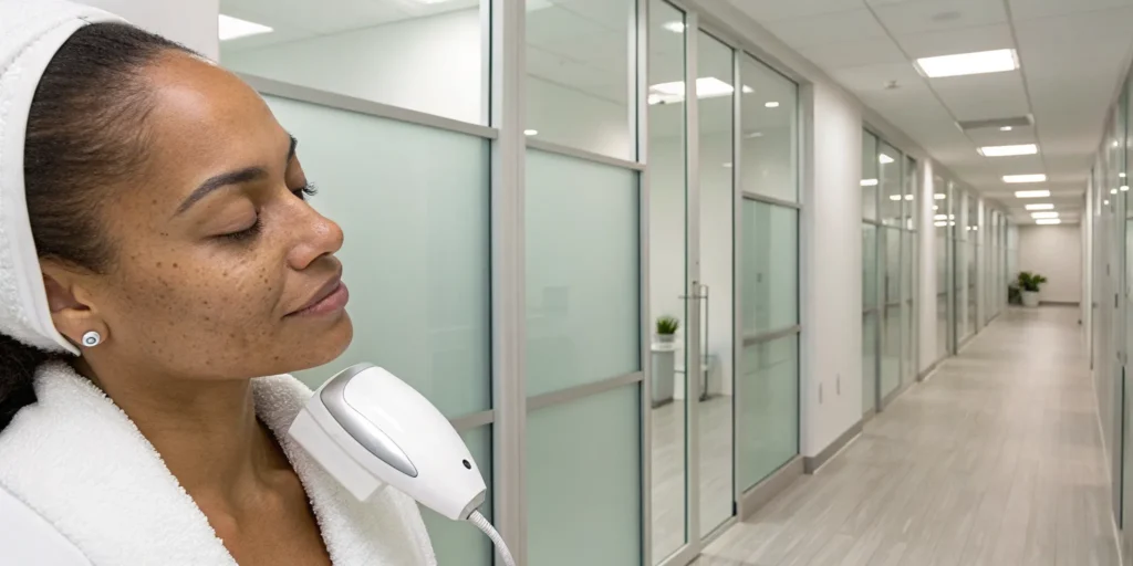 Laser treatment for acne scars on a woman's face.