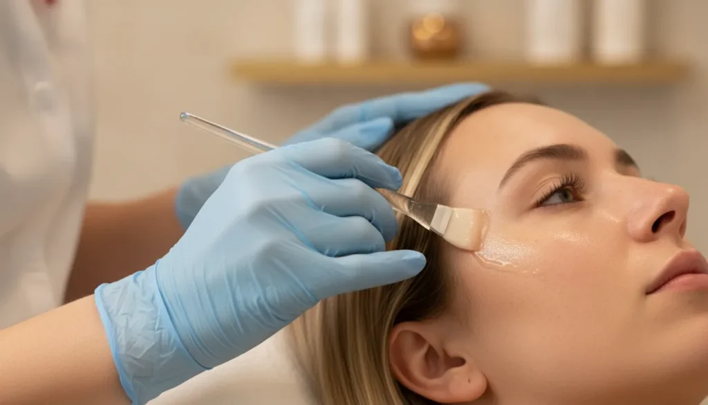 Provider applying a professional facial peel in a warm medical spa treatment room