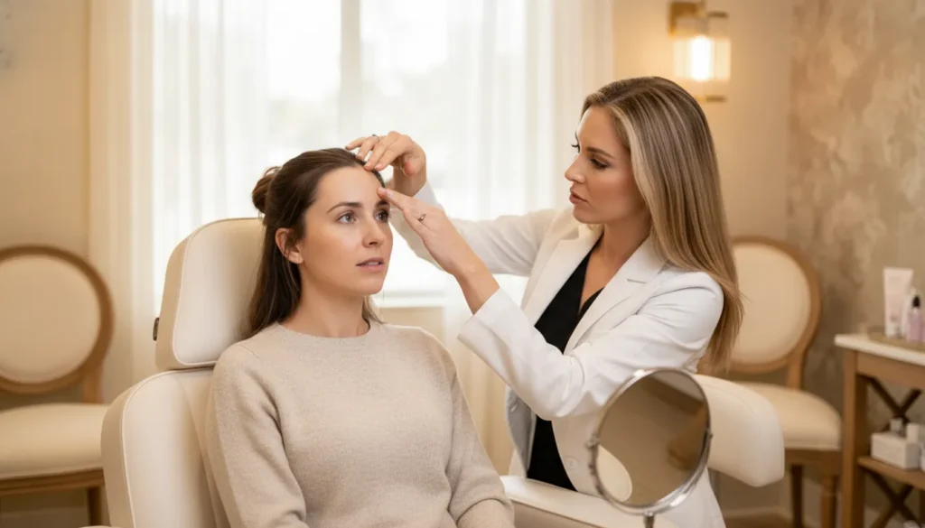 Provider discussing neurotoxin aftercare with a patient in a warm medical spa
