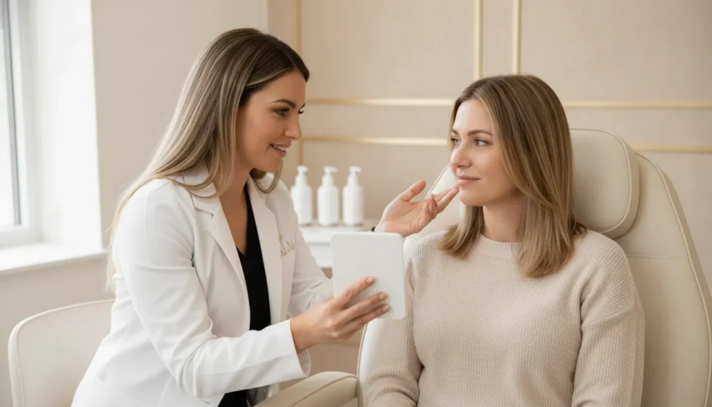 Provider consulting with a patient about a personalized facial injectable plan