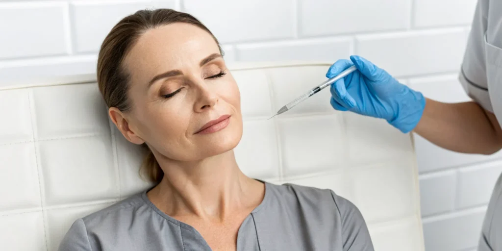 A woman getting a Botox injection to treat forehead wrinkles.