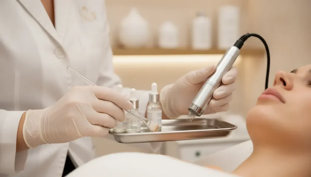 Provider preparing a chemical peel brush and microneedling pen in a warm medical spa treatment room