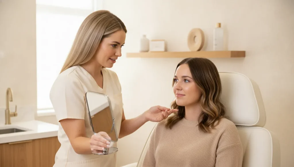 Provider discussing facial balancing goals with a patient in a warm Orlando medical spa