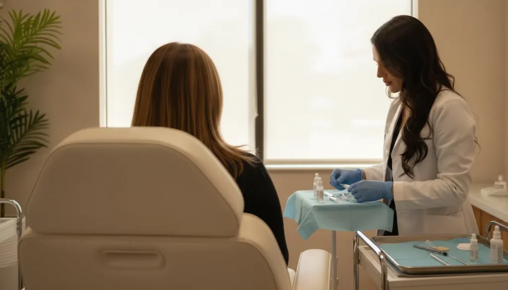 Provider preparing a calm injectable consultation in a warm medical spa