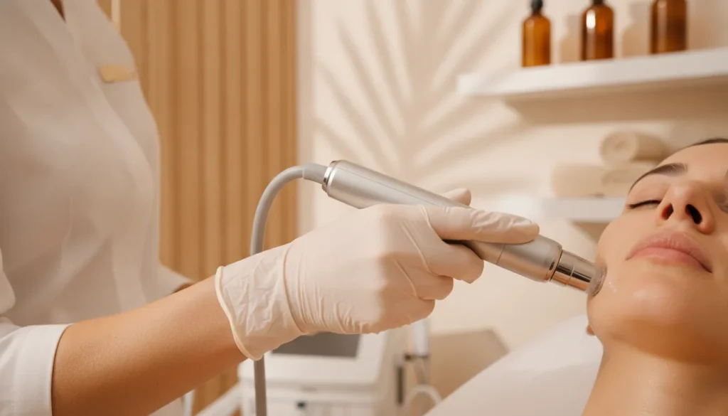 Provider using a HydroFacial handpiece on a patient's cheek in a warm medical spa treatment room