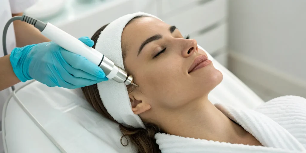 A woman undergoes laser procedures for acne scars on her face.
