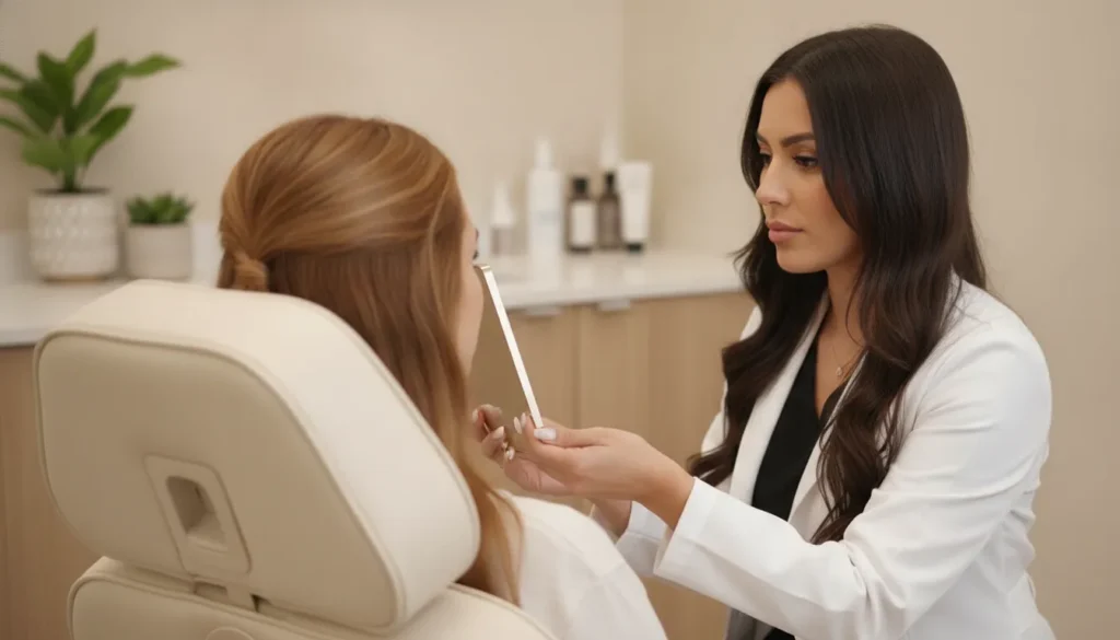 Provider planning personalized facial rejuvenation with a patient in a warm medical spa