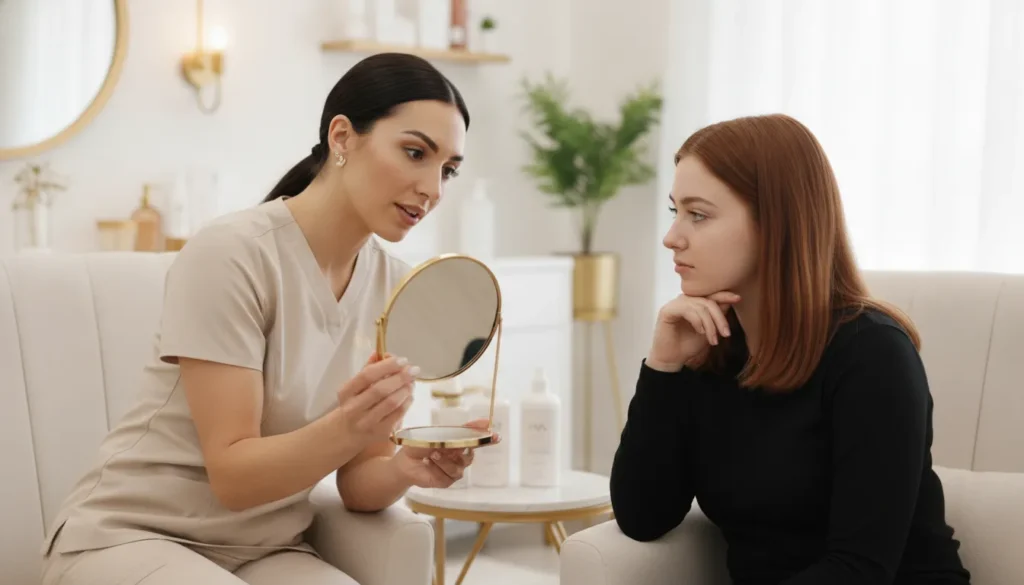 Provider speaking with a patient during a med spa consultation in a warm Orlando treatment room
