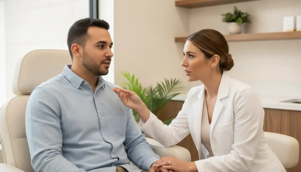Man discussing personalized neurotoxin treatment goals with a provider in a warm Orlando medical spa