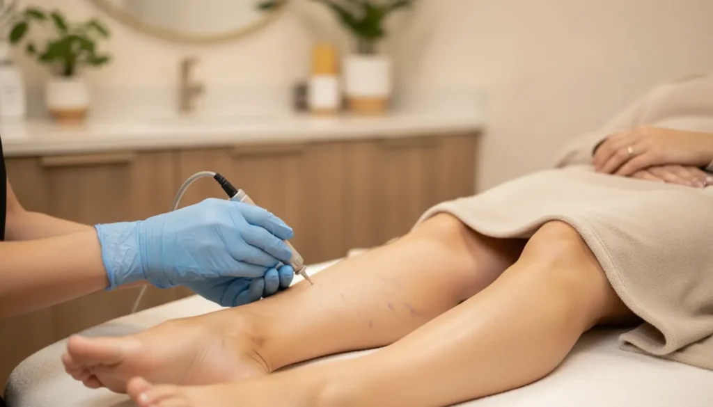 Provider preparing a leg vein treatment in a warm Orlando medical spa