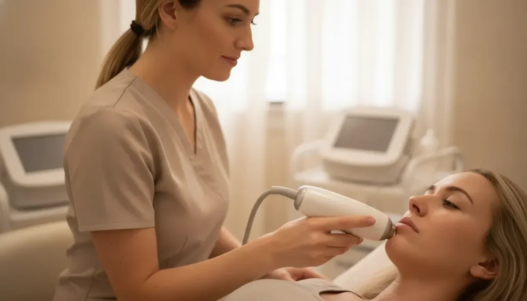 Provider performing a personalized RF microneedling treatment in a warm medical spa