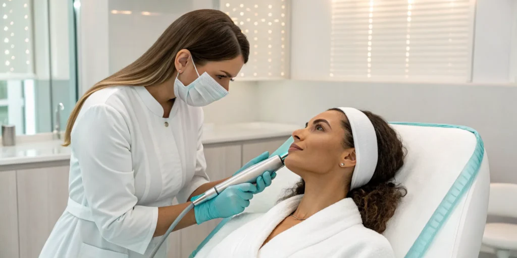 Dermatologist using a laser for removing acne scars on a patient.