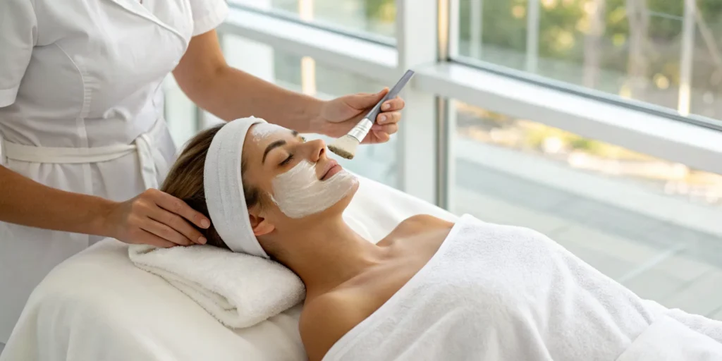 Woman at a facial spa receiving a treatment with a mask from an esthetician.