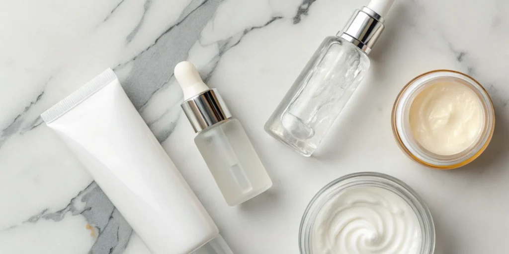 Anti-wrinkle skin care products like serum and cream for a daily routine.