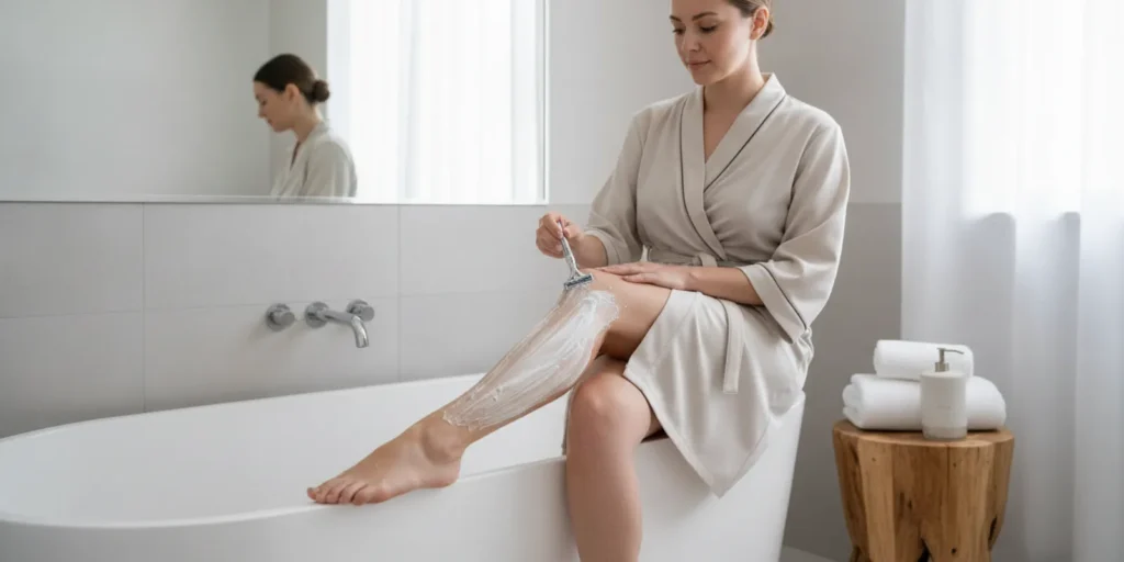 A person gently shaving a leg as part of a laser hair removal care routine