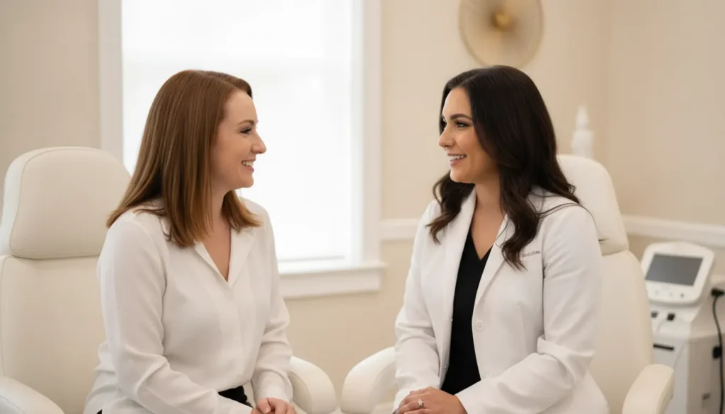 Provider and patient discussing CareCredit options for med spa injectables in a warm treatment room