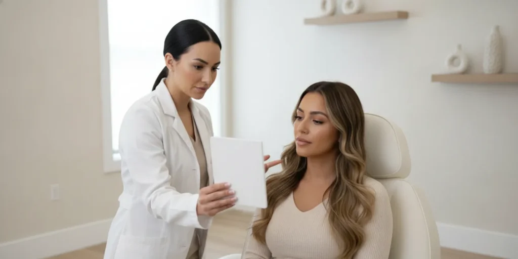 A person discussing facial skin concerns with a skincare provider in a bright treatment room