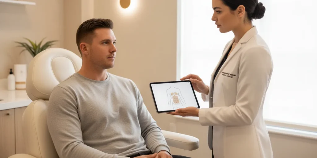 A licensed provider discussing laser hair removal treatment areas with an adult client in a calm med spa room