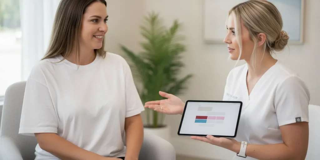 A patient speaking with a provider about laser hair removal options for sensitive skin