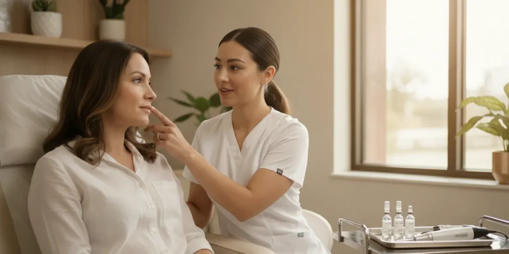 A licensed skin care provider prepares a patient for a microneedling consultation in a bright treatment room