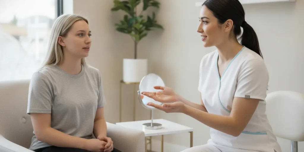 A provider and client discussing facial skin texture during a consultation