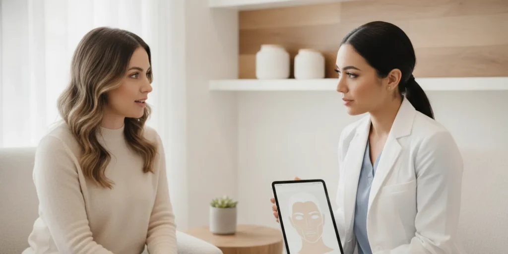 A patient discussing Moxi and BBL HEROic treatment options with a provider in a bright consultation room