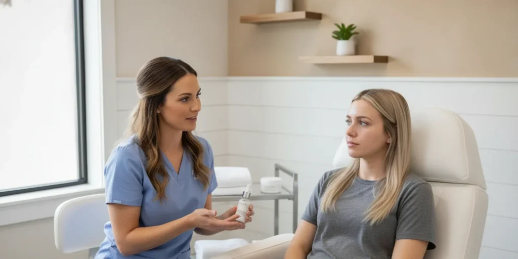 A clinician reviewing post-treatment skin care guidance with a patient after a facial treatment