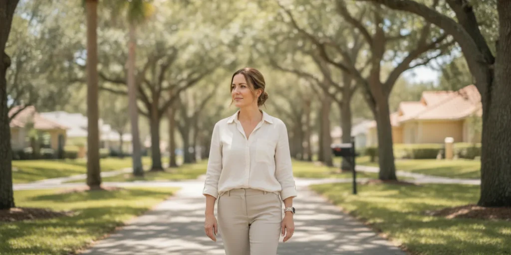 Patient walking outdoors in a shaded Orlando setting after a medical appointment