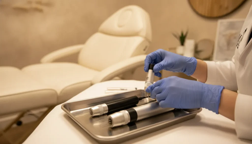 Provider prepares RF microneedling handpieces in a warm medical spa treatment room