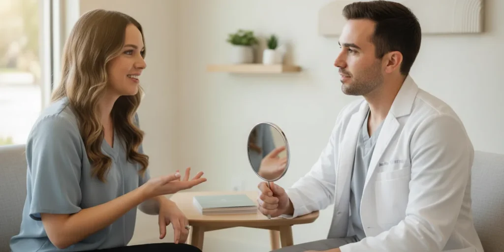 Patient discussing aesthetic treatment options with a provider in a calm consultation room